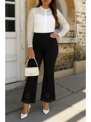 Mareandpanda Kadın Yüksek Bel Paçaya Doğru Genişleyen Lazer Çiçek Kesim Detaylı Ithal Krep Pantolon