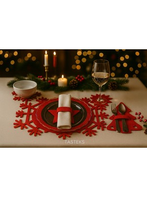Yılbaşı Temalı 2 Kişilik 10 Parça Keçe Amerikan Servis Seti, Kar Tanesi, Ağaç, Yıldız Desenli