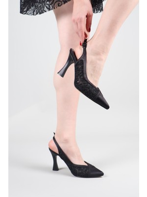 Birikon Castelar Tül Saten Garnili Stiletto Siyah