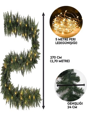 Yeşil Işıklı 270CM Çam Dalı Garland Dekor, 5m Fişli Pirinç LED Işıklı
