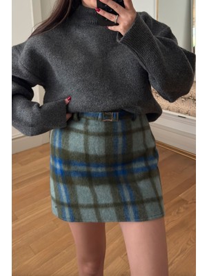 Magarde Kemer Detayllı Polar Mini Ekose Etek- Yeşil
