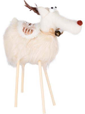 Beyaz Geyik Yılbaşı Süsü, Ahşap Bacaklı, 24X35 cm