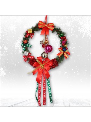 Yılbaşı Kapı Süsü, Ahşap ve Renkli Garland, 33 Cm, Neşeli Dekorasyon Parçası