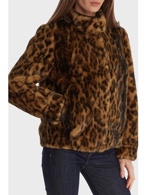Guess Luna Leopar Desenli Regular Fit Dik Yaka Suni Kürk Mont W5BL65W3900 Bayan Mont W5BL65 W3900 P340