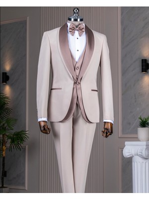 Italyan Stil Slim Fit Şal Yaka Ceket Yelek Pantolon Damatlık Set Bej T13690