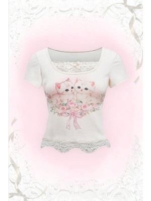 İsra Ayyıldız Kawai Cats Dantelli Beyaz Basic Slim Bluz