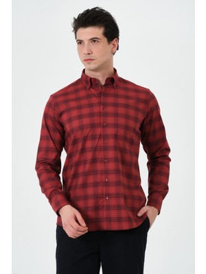 PSY Erkek Kiremit Ekose Cepli Regular Fit Düğmeli Yaka Uzun Kol Gömlek