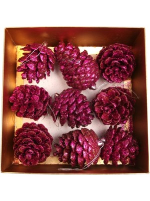 Fuşya Simli Kozalak 9'lu, Parlak ve Şık Dekoratif Süsler, Renkli ve Göz Alıcı Tasarım