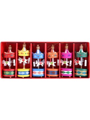 Renkli 6’lı Ahşap Mini Atlıkarınca Noel Süs Seti, El Boyama, Masa ve Ağaç Dekoru