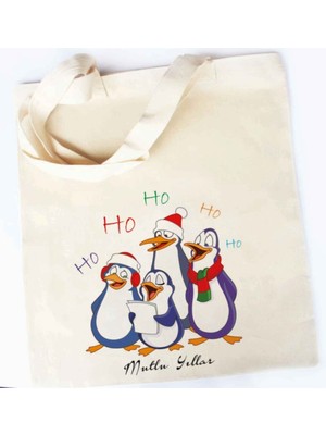 Beş Adet Bej Ham Bez Çanta, Baskılı Yılbaşı Penguen Kostümleri