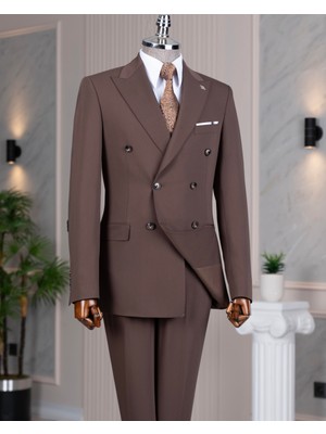 Italyan Stil Slim Fit 8 Drop Kruvaze Ceket Pantolon Takım Elbise Kahverengi T14589