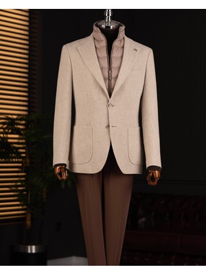 Italyan Stil Slim Fit Desenli Kapitone Çıkma Yaka Torba Cep Ceket Bej T15123