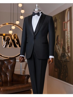 Italyan Stil Slim Fit Sivri Yaka Ceket Yelek Pantolon Damatlık Set Siyah T14888