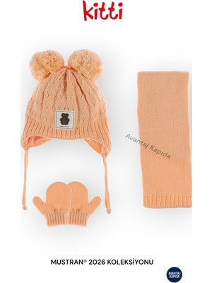 Mustran Kitti 0-18 Ay Kız Bebek 3’lü Set Bere Atkı Eldiven Polar İçli Triko Kışlık | Yeni Sezon 2026