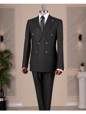 Italyan Stil 8 Drop Kruvaze Çizgili Ceket Pantolon Takım Elbise Siyah T14595