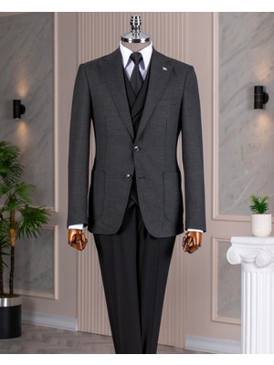Italyan Stil Slim Fit Erkek Ceket Yelek Pantolon Takım Elbise Siyah T14641