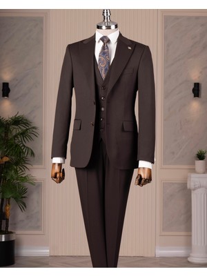 İtalyan stil slim fit sivri yaka ceket yelek pantolon takım elbise kahverengi T14860