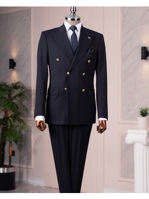 Italyan Stil Slim Fit Kruvaze Ceket Pantolon Takım Elbise Lacivert T14866