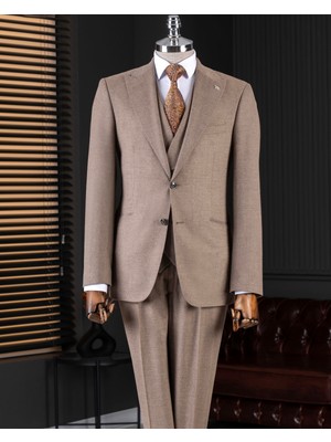 Italyan Stil Slim Fit Sivri Yaka Ceket Yelek Pantolon Takım Elbise Vizon T14667