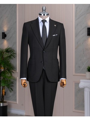 İtalyan stil slim fit sivri yaka ceket pantolon takım elbise siyah T14742