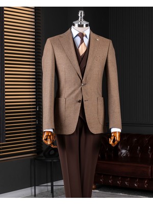 Italyan Stil Slim Fit Erkek Ceket Yelek Pantolon Takım Elbise Kahverengi T14640