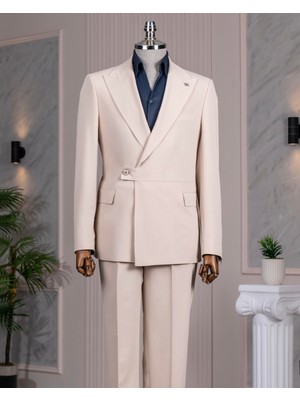 Italyan Stil Slim Fit Ceket Pantalon Takım Elbise Bej T14378