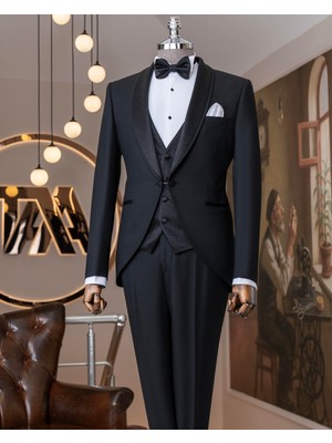 Italyan Stil Slim Fit Şal Yaka Ceket Yelek Pantolon Damatlık Set Siyah T14886