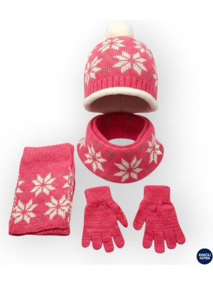 Mustran Çocuk Atkı Bere Eldiven 3’lü Set Unisex Garson Ponponlu Kürklü İpli Triko Kışlık Hediyelik