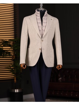 Italyan Stil Slim Fit Kapitone Çıkma Yaka Torba Cep Ceket Gri T15120