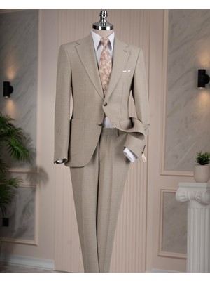 İtalyan stil slim fit sivri yaka ceket pantolon takım elbise bej T14745