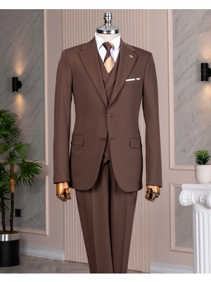 Italyan Stil 8 Drop Ceket Yelek Pantolon Takım Elbise Kahverengi T14593