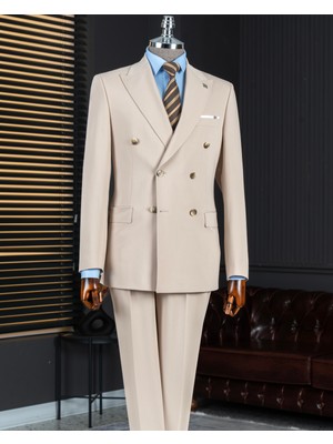 Italyan Stil Slim Fit 8 Drop Kruvaze Ceket Pantolon Takım Elbise Bej T14590