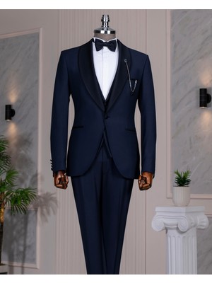 Italyan Stil Yün Karışımlı Ceket Yelek Pantolon Damatlık Set Lacivert T14895