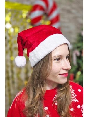 Kadife Yılbaşı Şapkası, Noel Baba, Kırmızı, Ponponlu, Şık ve Kalın Tasarım