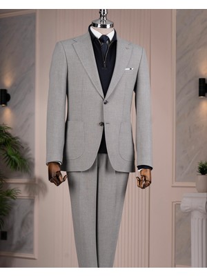 İtalyan stil slim fit sivri yaka ceket  pantolon takım elbise gri T14741