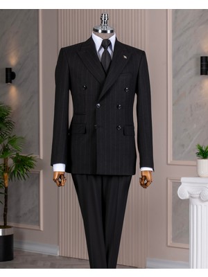 Italyan Stil Slim Fit Kruvaze Ceket Pantolon Kombin Takım Elbise Siyah  T14660