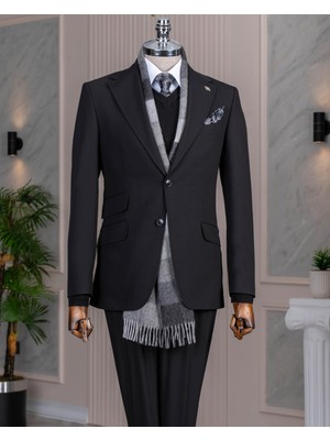 Italyan Stil Slim Fit Mono Yaka Ceket Pantolon Takım Elbise Siyah T14750