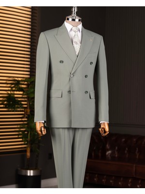 Italyan Stil Slim Fit Kruvaze Ceket Pantolon Takım Elbise Yeşil T14858