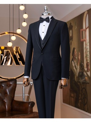 Terzi Adem Altun İtalyan stil slim fit sivri yaka ceket yelek pantolon damatlık set siyah T14881