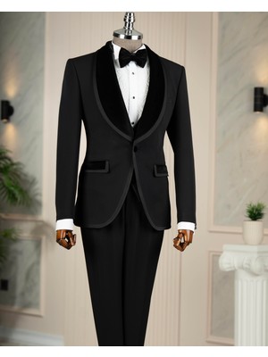 Italyan Stil Slim Fit Kadife Şal Yaka Ceket Yelek Pantolon Damatlık Set Siyah T14890