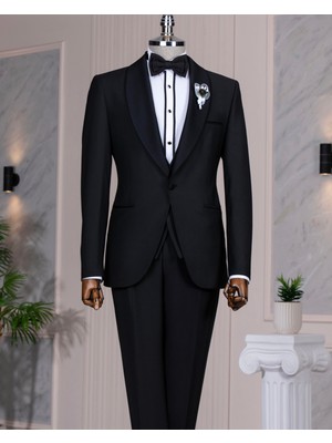 Italyan Stil Slim Fit Şal Yaka Ceket Yelek Pantolon Damatlık Set Siyah T14887