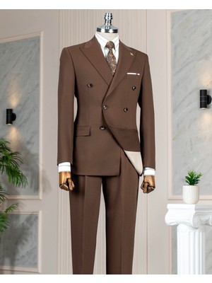 Italyan Stil Kruvaze Ceket Pantolon Takım Elbise Kahverengi T14084