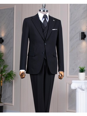 Italyan Stil 8 Drop Ceket Yelek Pantolon Takım Elbise Siyah T14591