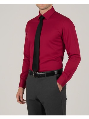 Italyan Stil Slim Fit Erkek Kravat Yaka Gömlek Kırmızı T14249