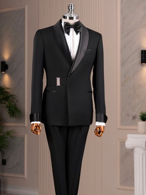Italyan Stil Slim Fit Şal Yaka Ceket Pantolon Damatlık Set Siyah T14914