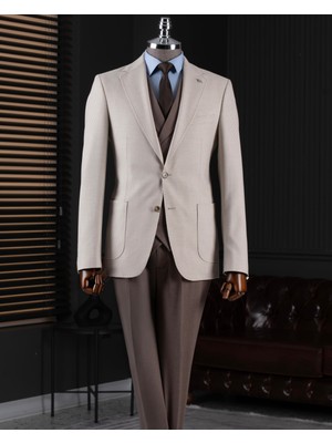 Italyan Stil Slim Fit Erkek Ceket Yelek Pantolon Takım Elbise Bej T14639