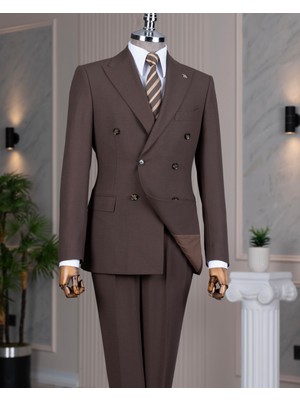 Italyan Stil Slim Fit Kruvaze Ceket Pantolon Takım Elbise Kahverengi T14738