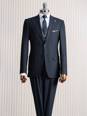 Italyan Stil Slim Fit Sivri Yaka Ceket Yelek Pantolon Takım Elbise Lacivert T14796