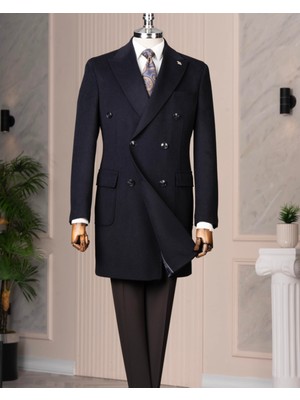 Italyan Stil Slim Fit Kruvaze Yün Karışımlı Kaşe Erkek Kaban Lacivert T14691