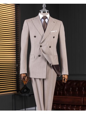 Italyan Stil 8 Drop Kruvaze Çizgili Ceket Pantolon Takım Elbise Vizon T14597